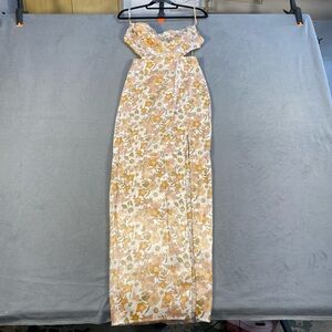 Rumer Women’s White Floral Maxi Dress, thigh-high slit, self-tie back, zipper,XS